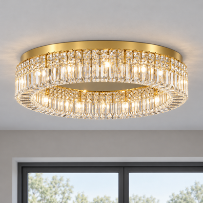 Double-ring crystal ceiling light in gold or chrome — commercial, Gold / 16 lights (Diameter 100 cm)