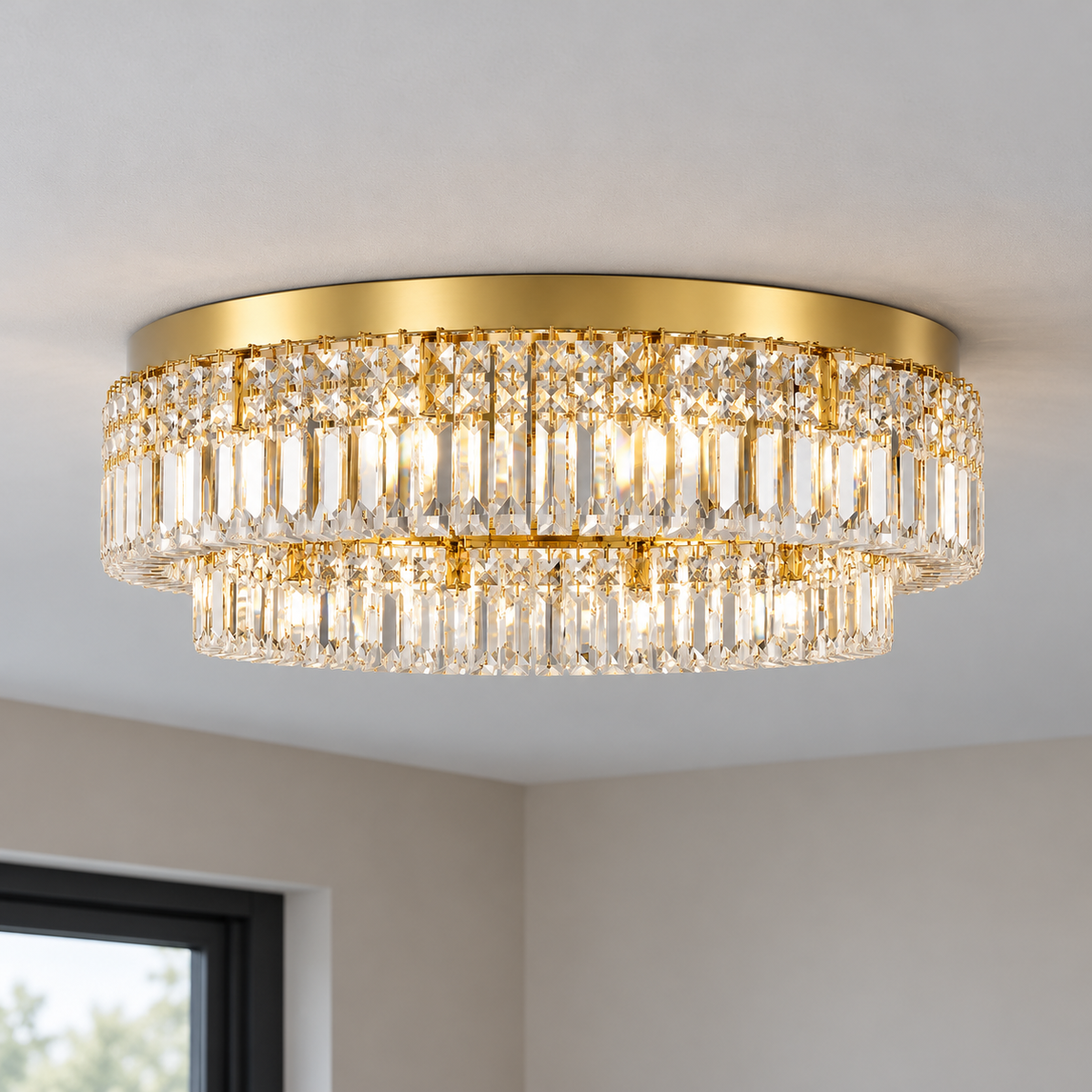 Double-ring crystal ceiling light in gold or chrome — commercial, Gold / 6 lights (Diameter 50 cm)