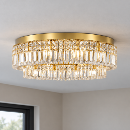 Double-ring crystal ceiling light in gold or chrome — commercial, Gold / 6 lights (Diameter 50 cm)