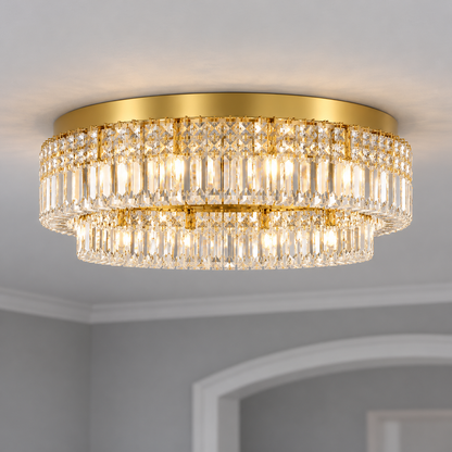 Double-ring crystal ceiling light in gold or chrome — commercial, Gold / 8 lights (Diameter 60 cm)