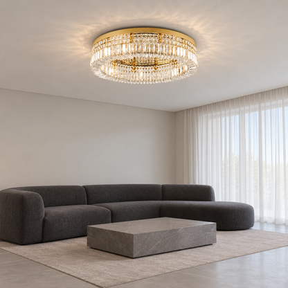 Double-ring crystal ceiling light in gold or chrome — front side far, Gold / 8 lights (Diameter 60 cm)
