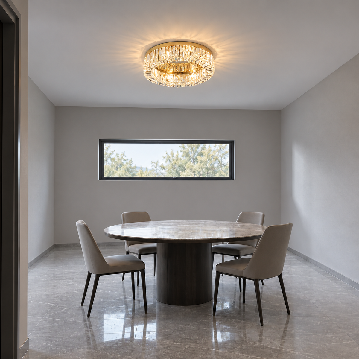 Double-ring crystal ceiling light in gold or chrome — side far, Gold / 8 lights (Diameter 60 cm)