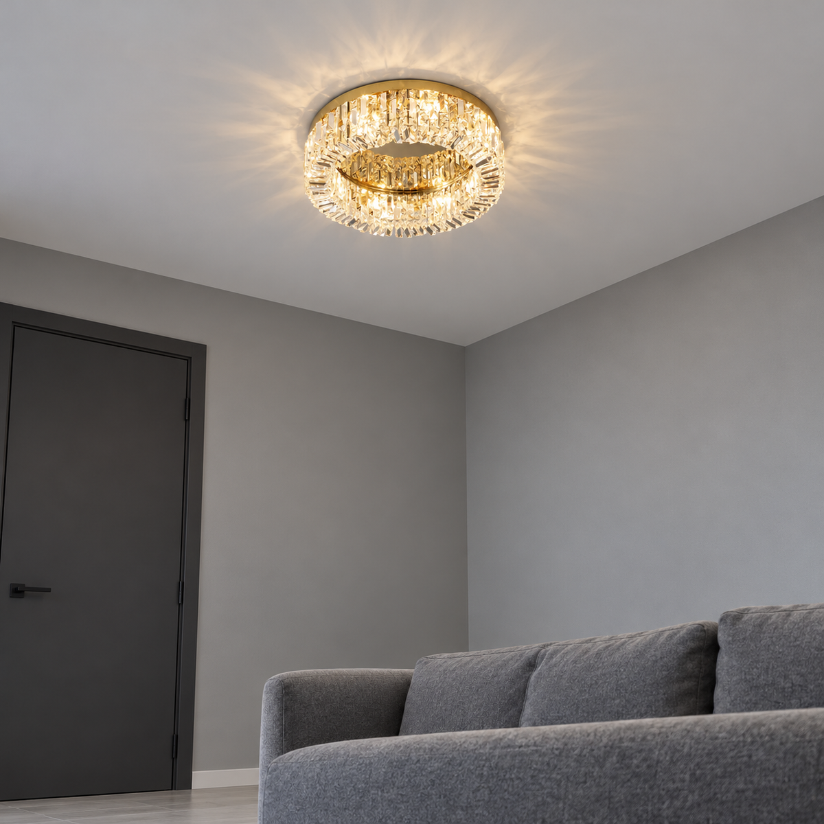 Double-ring crystal ceiling light in gold or chrome — under distance, Gold / 8 lights (Diameter 60 cm)