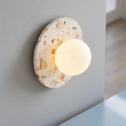 Terrazzo disc wall light with a frosted glass globe — above mid, White