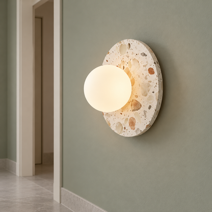 Terrazzo disc wall light with a frosted glass globe — commercial, White