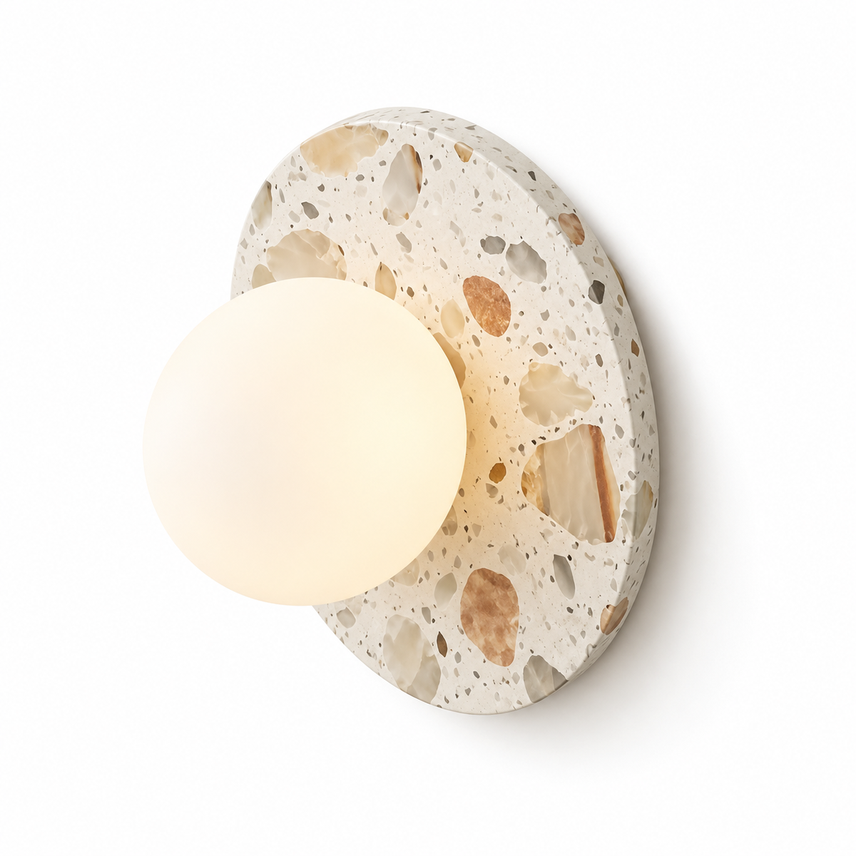 Terrazzo disc wall light with a frosted glass globe — cover, White