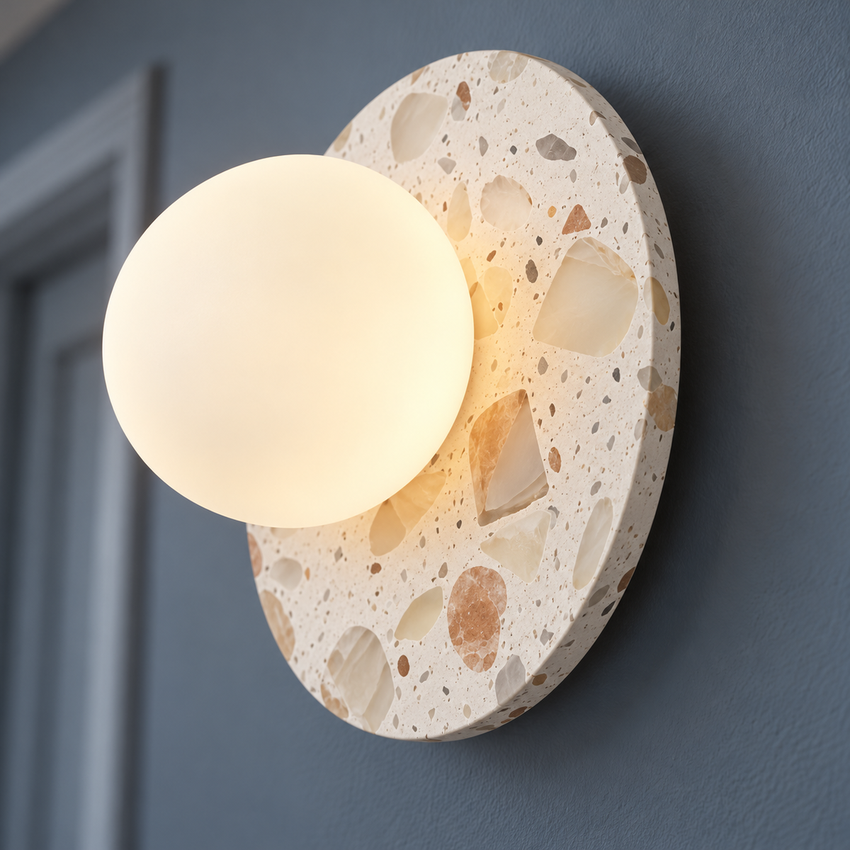 Terrazzo disc wall light with a frosted glass globe — detail, White