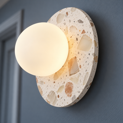 Terrazzo disc wall light with a frosted glass globe — detail, White