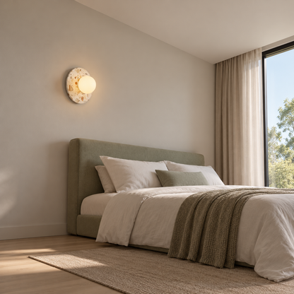 Terrazzo disc wall light with a frosted glass globe — under distance, White