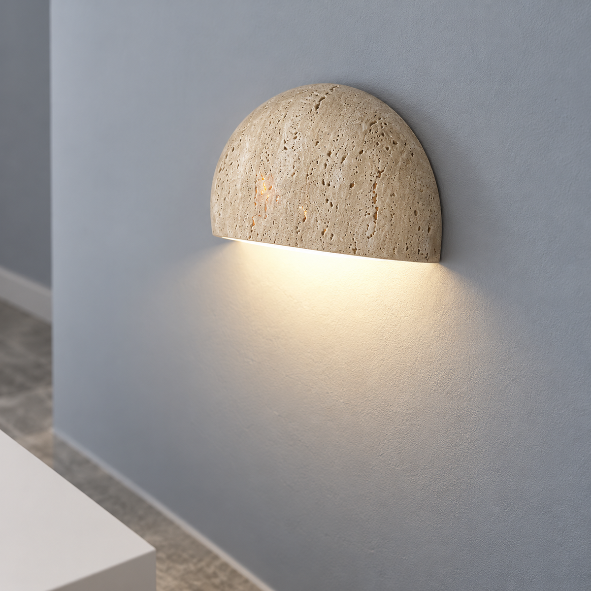 Half-round stone wall light with downward lighting — above mid, Beige_down
