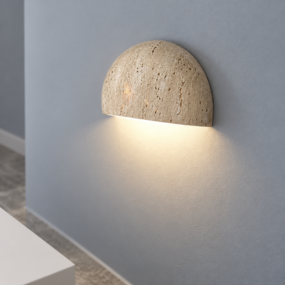 Half-round stone wall light with downward lighting — above mid, Beige_down