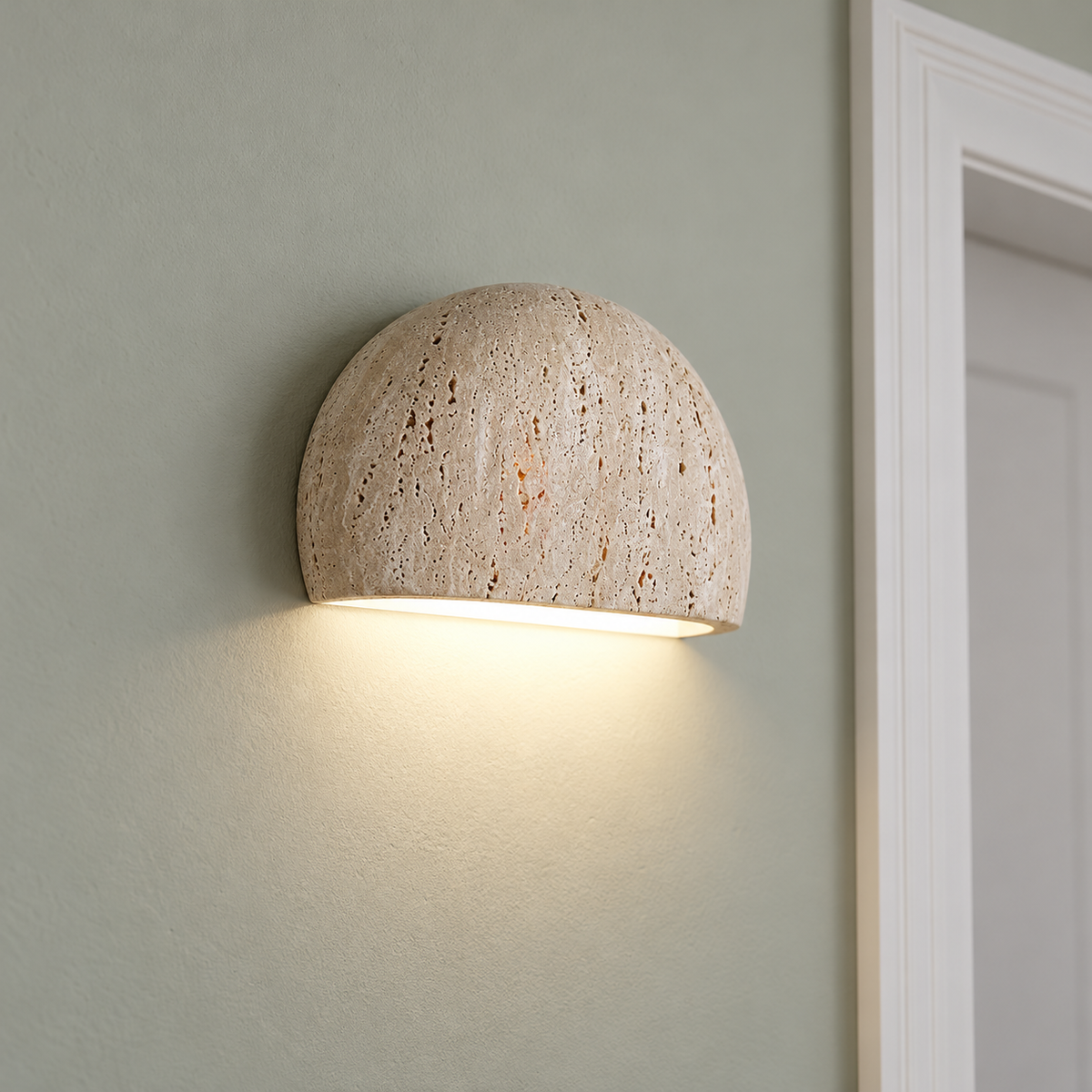 Half-round stone wall light with downward lighting — commercial, Beige_down