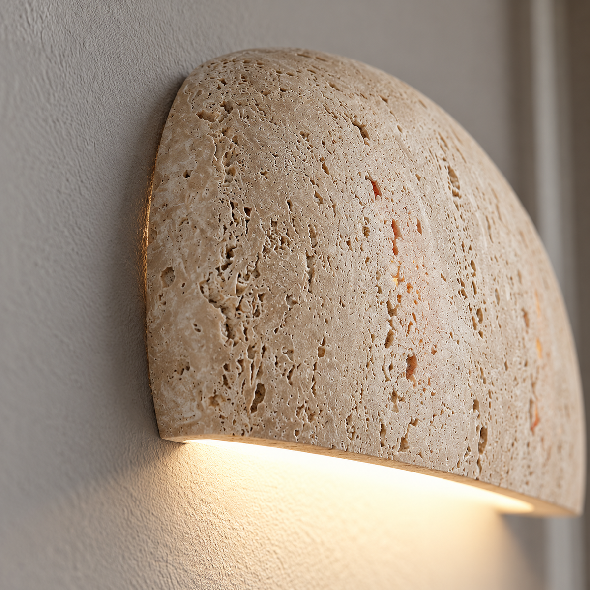 Half-round stone wall light with downward lighting — detail, Beige_down