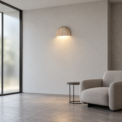 Half-round stone wall light with downward lighting — front side far, Beige_down