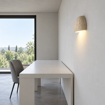 Half-round stone wall light with downward lighting — side far, Beige_down