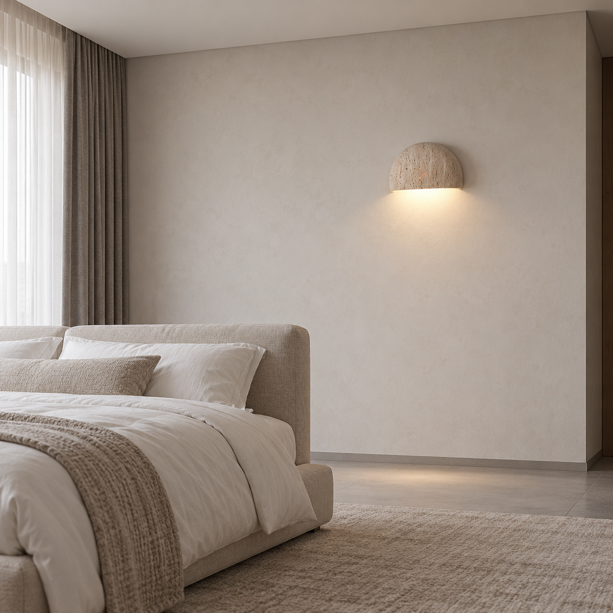 Half-round stone wall light with downward lighting — under distance, Beige_down
