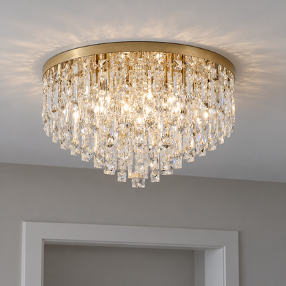 Tapered crystal fringe ceiling light in gold or chrome — highest feasible installed oblique view, Gold / 10 lights (Diameter 60 cm)
