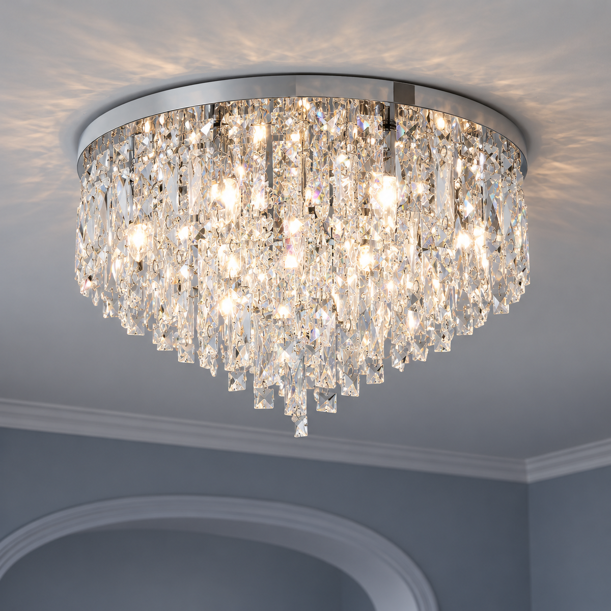 Tapered crystal fringe ceiling light in gold or chrome — commercial, Chrome / 10 lights (Diameter 60 cm)