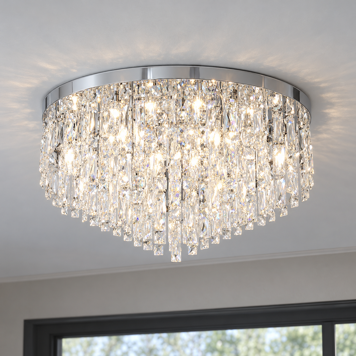 Tapered crystal fringe ceiling light in gold or chrome — commercial, Chrome / 12 lights (Diameter 80 cm)