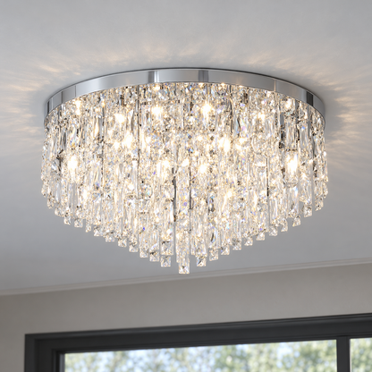 Tapered crystal fringe ceiling light in gold or chrome — commercial, Chrome / 12 lights (Diameter 80 cm)