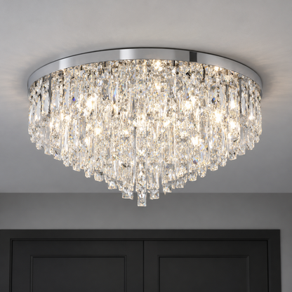 Tapered crystal fringe ceiling light in gold or chrome — commercial, Chrome / Diameter 100 cm