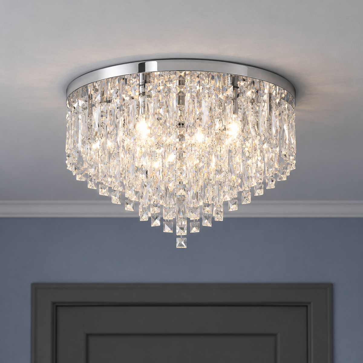 Tapered crystal fringe ceiling light in gold or chrome — commercial, Chrome / 3 lights (Diameter 30 cm)