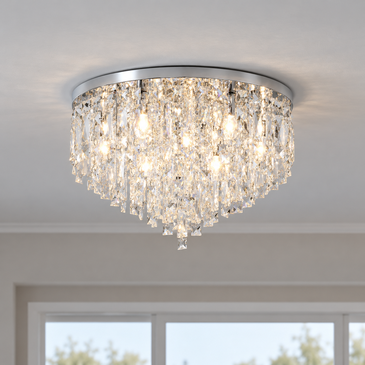 Tapered crystal fringe ceiling light in gold or chrome — commercial, Chrome / 5 lights (Diameter 40 cm)