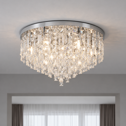 Tapered crystal fringe ceiling light in gold or chrome — commercial, Chrome / 8 lights (Diameter 50 cm)