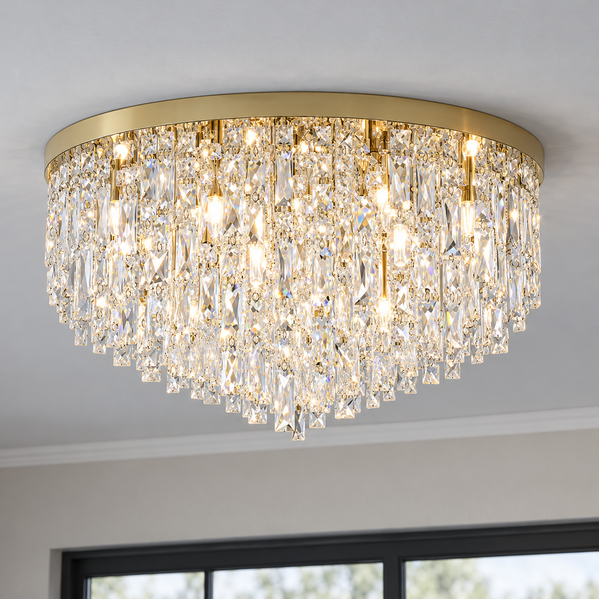 Tapered crystal fringe ceiling light in gold or chrome — commercial, Gold / 12 lights (Diameter 80 cm)
