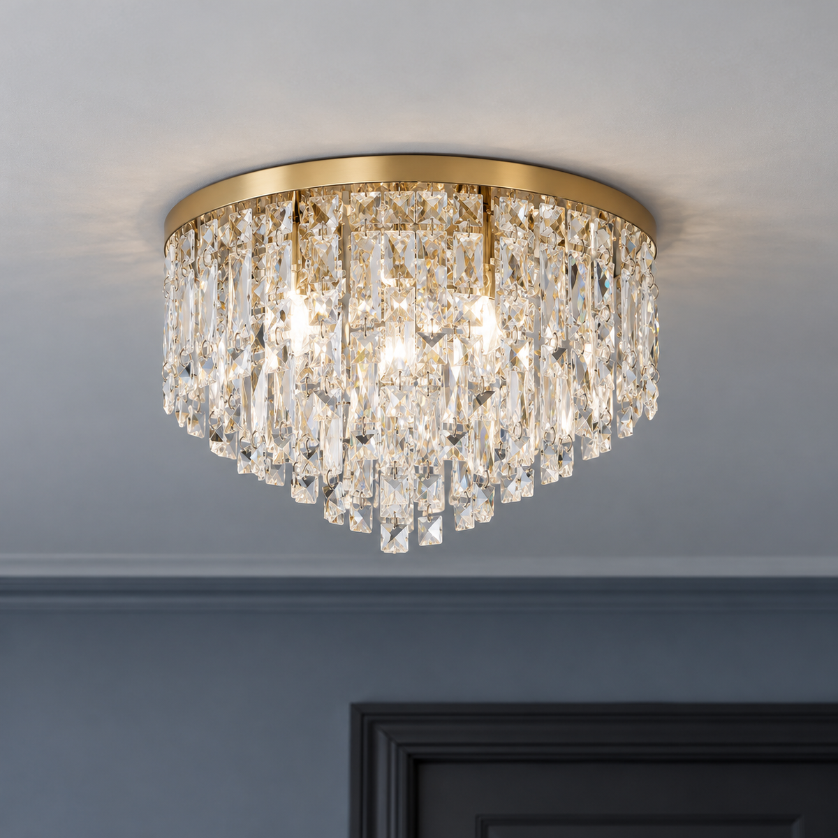 Tapered crystal fringe ceiling light in gold or chrome — commercial, Gold / 3 lights (Diameter 30 cm)