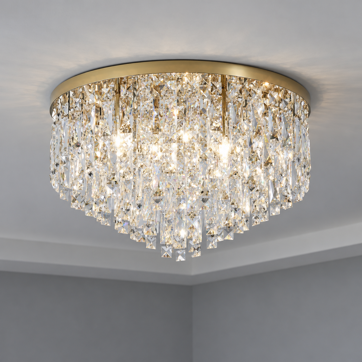 Tapered crystal fringe ceiling light in gold or chrome — commercial, Gold / 8 lights (Diameter 50 cm)