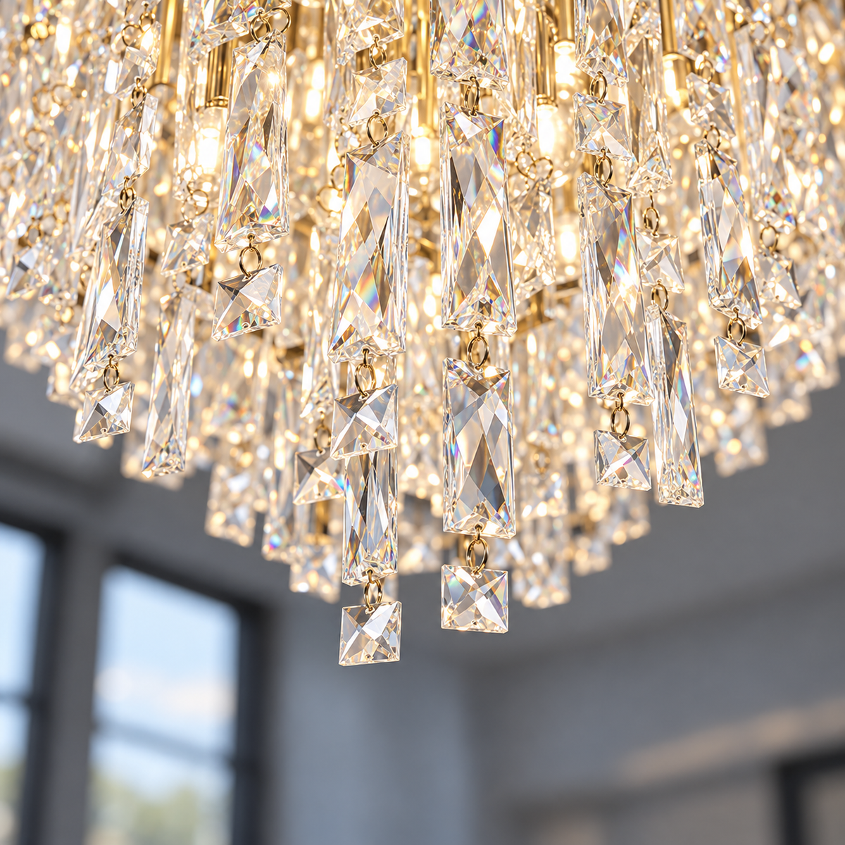 Tapered crystal fringe ceiling light in gold or chrome — detail, Gold / 10 lights (Diameter 60 cm)