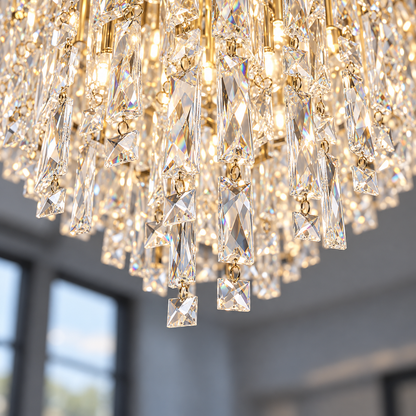 Tapered crystal fringe ceiling light in gold or chrome — detail, Gold / 10 lights (Diameter 60 cm)