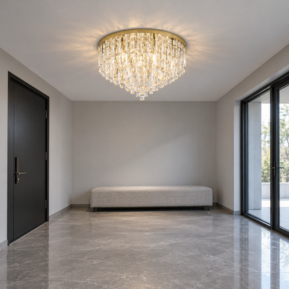 Tapered crystal fringe ceiling light in gold or chrome — front side far, Gold / 10 lights (Diameter 60 cm)