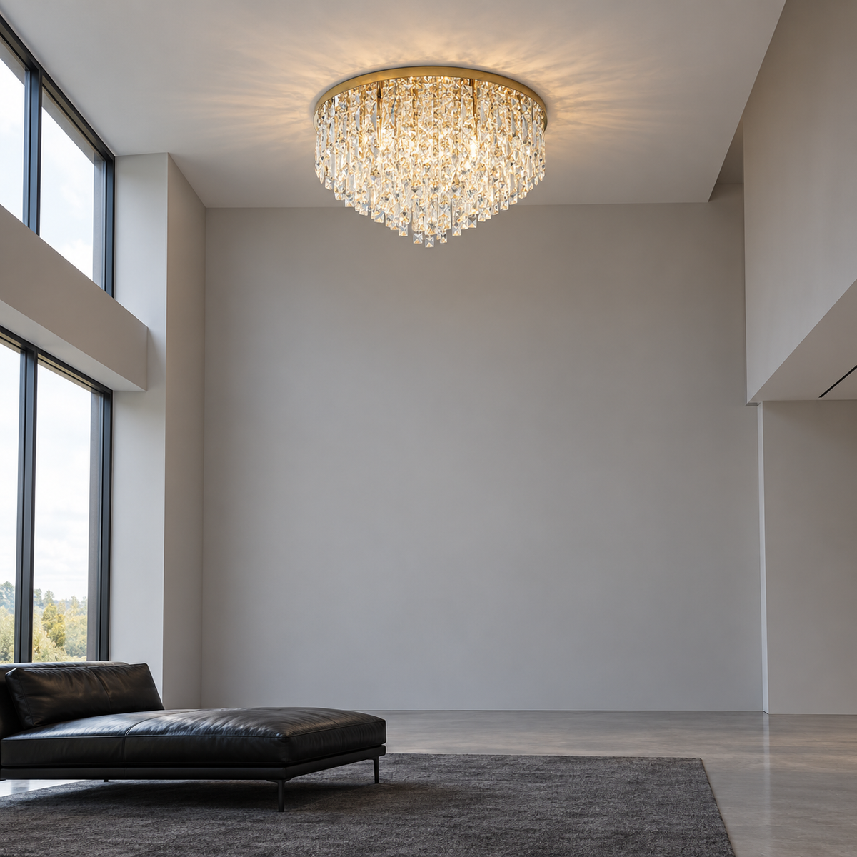 Tapered crystal fringe ceiling light in gold or chrome — side far, Gold / 10 lights (Diameter 60 cm)