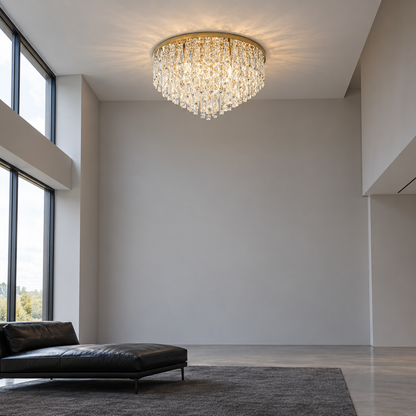 Tapered crystal fringe ceiling light in gold or chrome — side far, Gold / 10 lights (Diameter 60 cm)