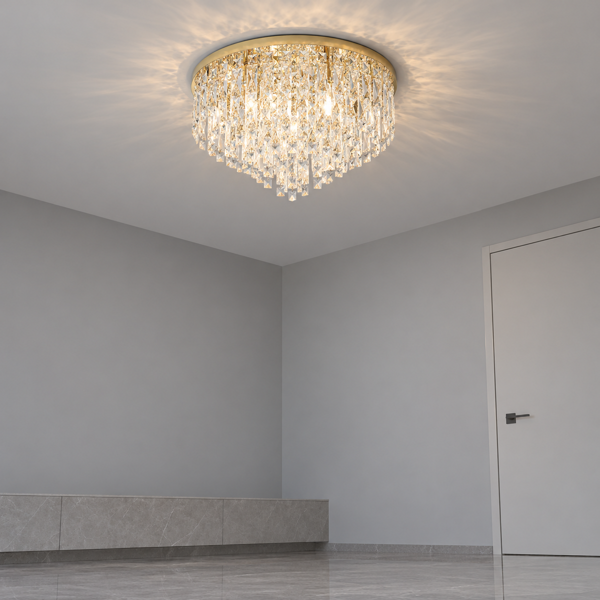 Tapered crystal fringe ceiling light in gold or chrome — under distance, Gold / 10 lights (Diameter 60 cm)