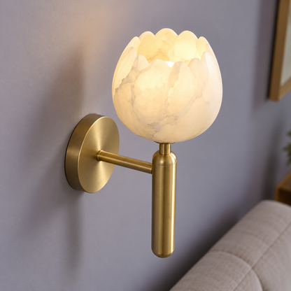 Marble flower bud wall light with a copper stem — above mid, ivory_gold_31cm