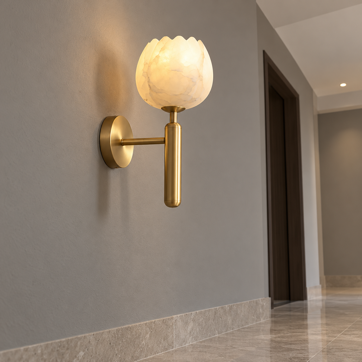 Marble flower bud wall light with a copper stem — commercial, ivory_gold_31cm
