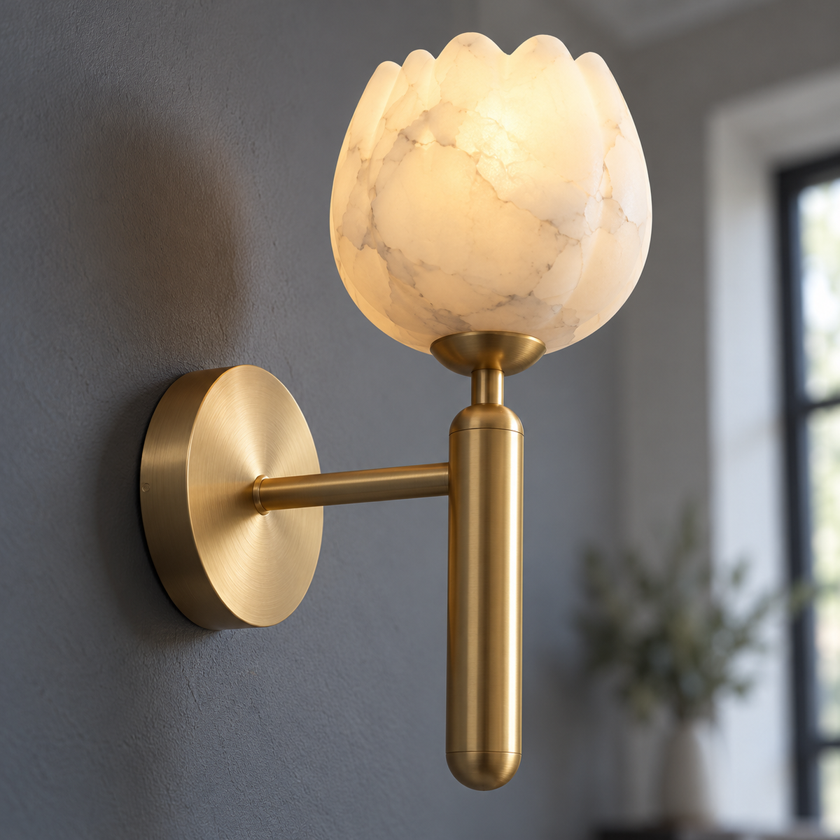 Marble flower bud wall light with a copper stem — detail, ivory_gold_31cm