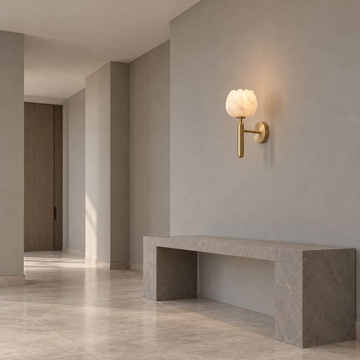 Marble flower bud wall light with a copper stem — under distance, ivory_gold_31cm