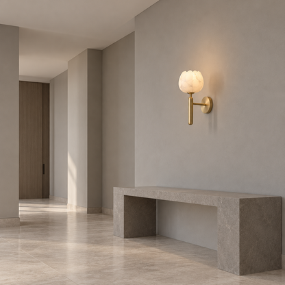Marble flower bud wall light with a copper stem — under distance, ivory_gold_31cm