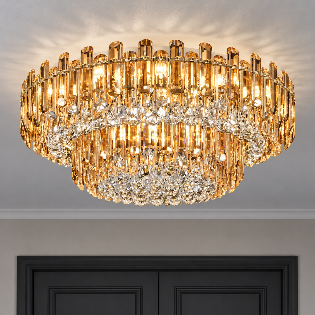 Crystal rod ceiling light with clear or tinted shades — commercial, Amber (Style C) / Diameter 150 cm
