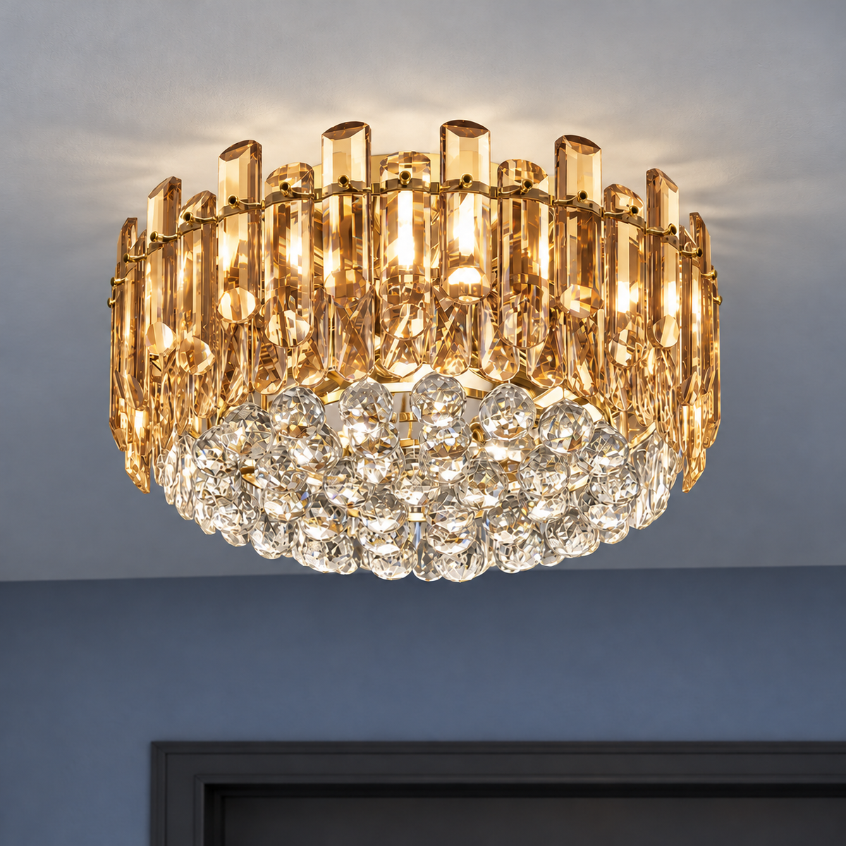 Crystal rod ceiling light with clear or tinted shades — commercial, Amber (Style C) / Diameter 50 cm