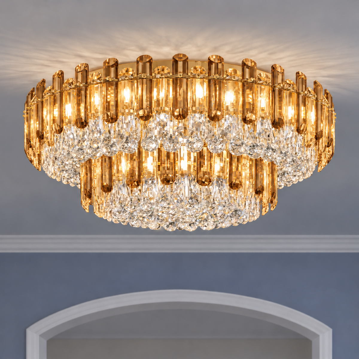 Crystal rod ceiling light with clear or tinted shades — commercial, Amber (Style S) / Diameter 100 cm