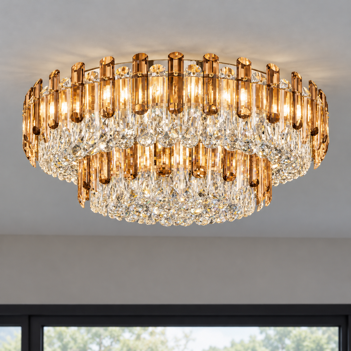 Crystal rod ceiling light with clear or tinted shades — commercial, Amber (Style S) / Diameter 120 cm
