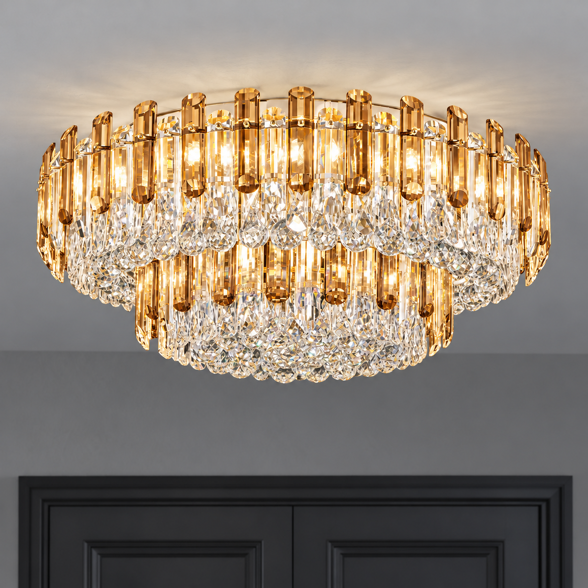 Crystal rod ceiling light with clear or tinted shades — commercial, Amber (Style S) / Diameter 150 cm
