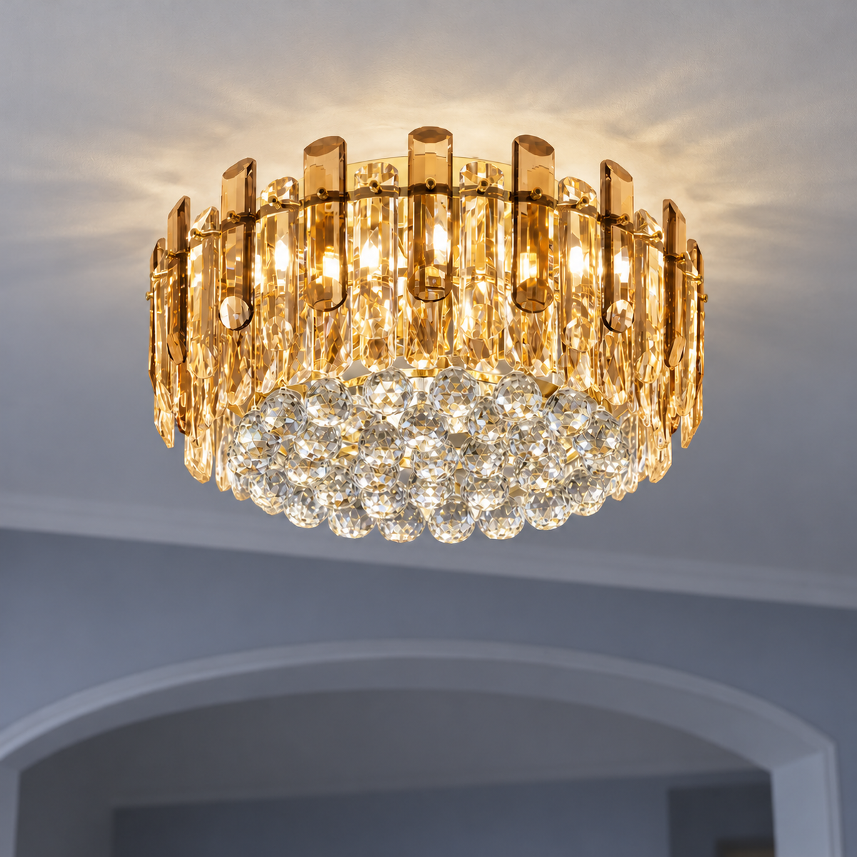 Crystal rod ceiling light with clear or tinted shades — commercial, Amber (Style S) / Diameter 50 cm