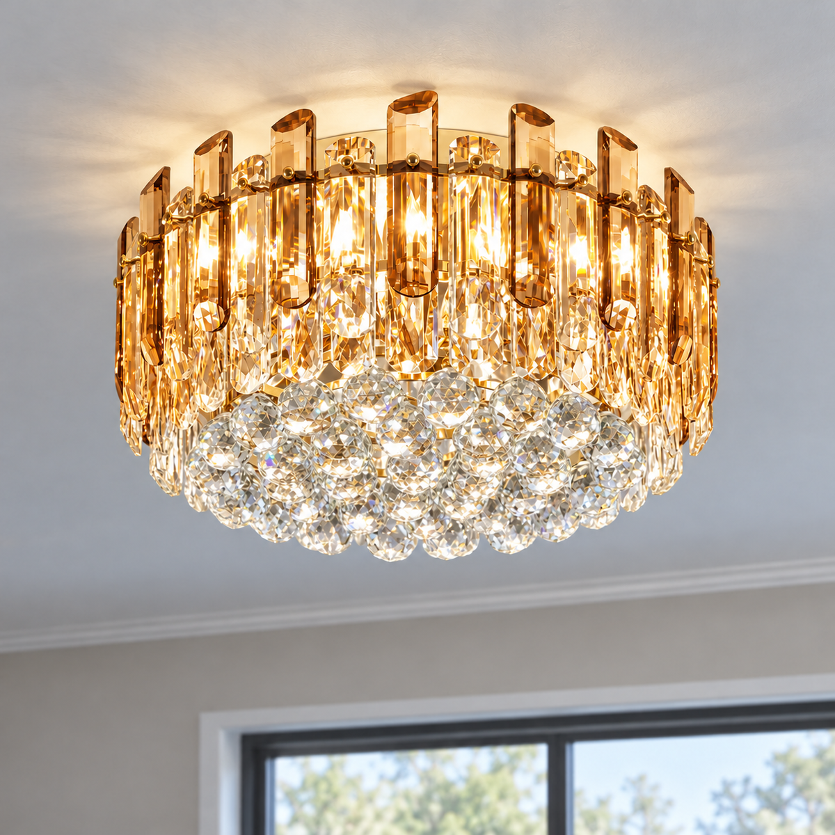 Crystal rod ceiling light with clear or tinted shades — commercial, Amber (Style S) / Diameter 60 cm