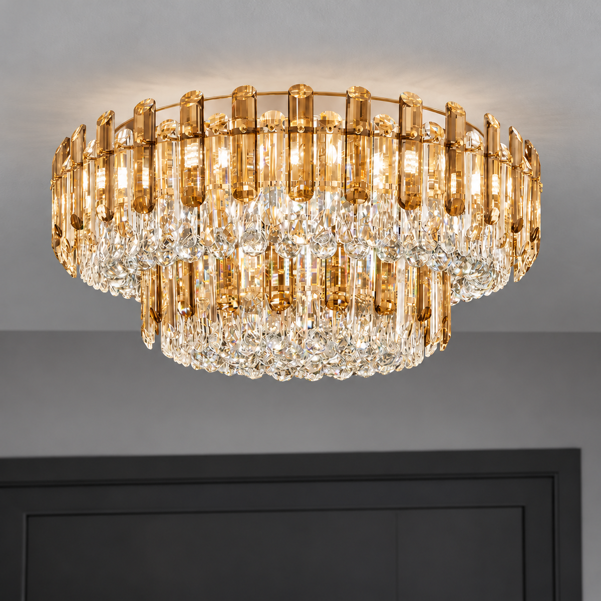 Crystal rod ceiling light with clear or tinted shades — commercial, Amber (Style S) / Diameter 80 cm